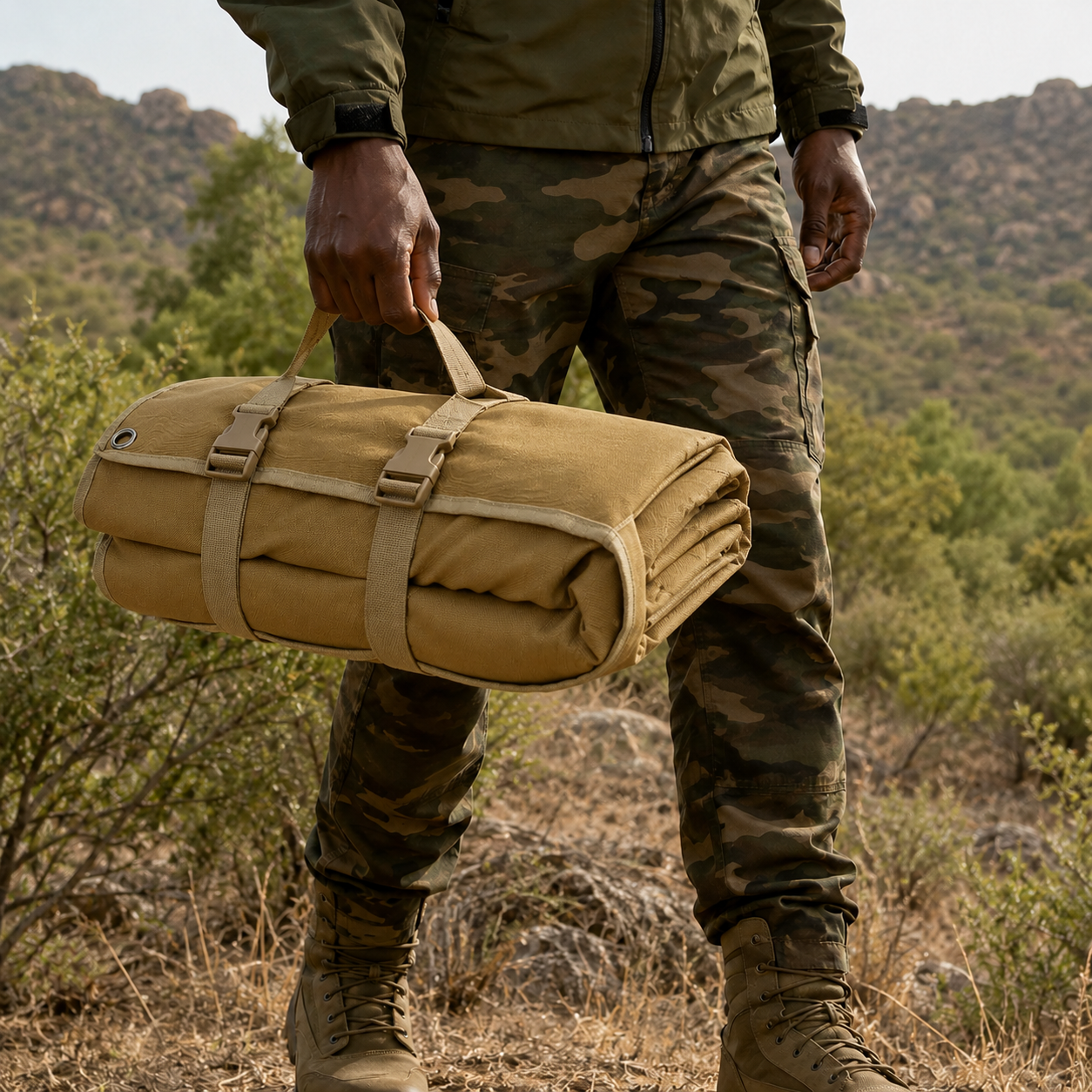 Person wearing camouflage pants and tactical gear holding the rolled-up tan shooting mat by its carry handle in a rugged outdoor mountainous environment.