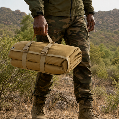 Person wearing camouflage pants and tactical gear holding the rolled-up tan shooting mat by its carry handle in a rugged outdoor mountainous environment.