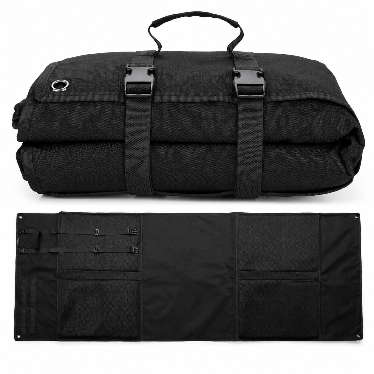 Black tactical shooting mat rolled up showing handle and buckles, displayed above the unrolled mat with mesh pockets and MOLLE webbing.