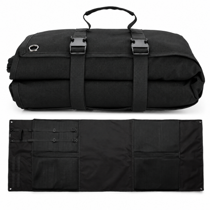Black tactical shooting mat rolled up showing handle and buckles, displayed above the unrolled mat with mesh pockets and MOLLE webbing.