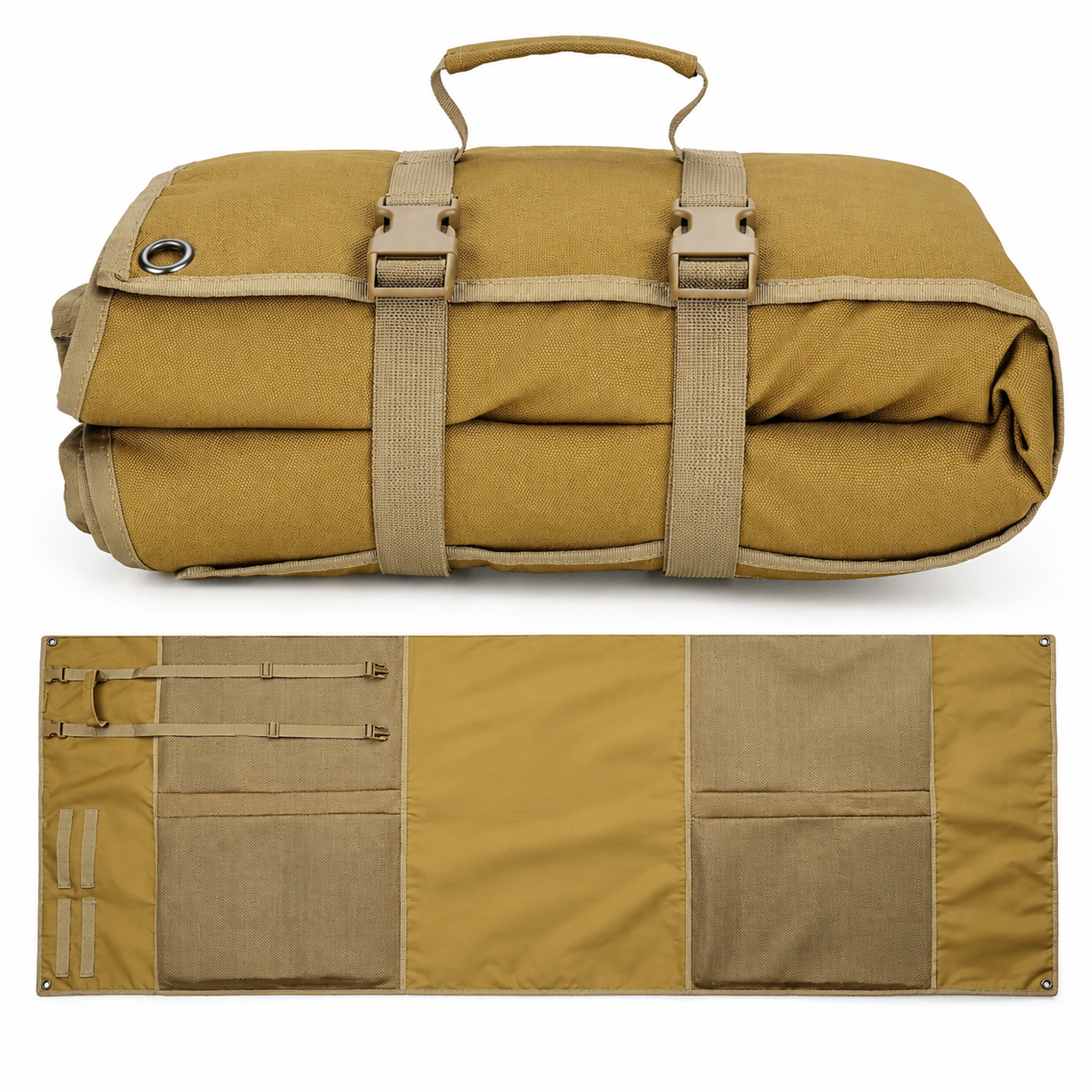 Coyote tan shooting mat rolled up in bundle form, shown above the full unrolled view revealing the large padded surface and organizational pockets.