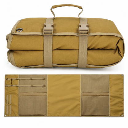 Coyote tan shooting mat rolled up in bundle form, shown above the full unrolled view revealing the large padded surface and organizational pockets.