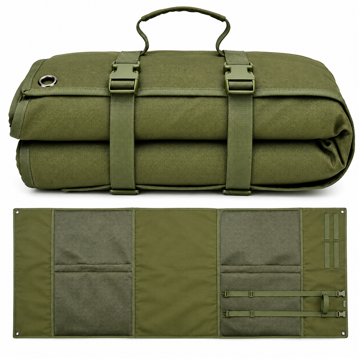 Olive green padded shooting mat rolled up with carry handle and quick-release straps, shown above the unrolled layout featuring multiple storage mesh pockets.