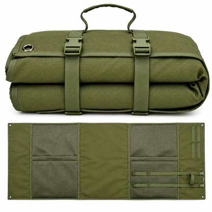 Olive green padded shooting mat rolled up with carry handle and quick-release straps, shown above the unrolled layout featuring multiple storage mesh pockets.