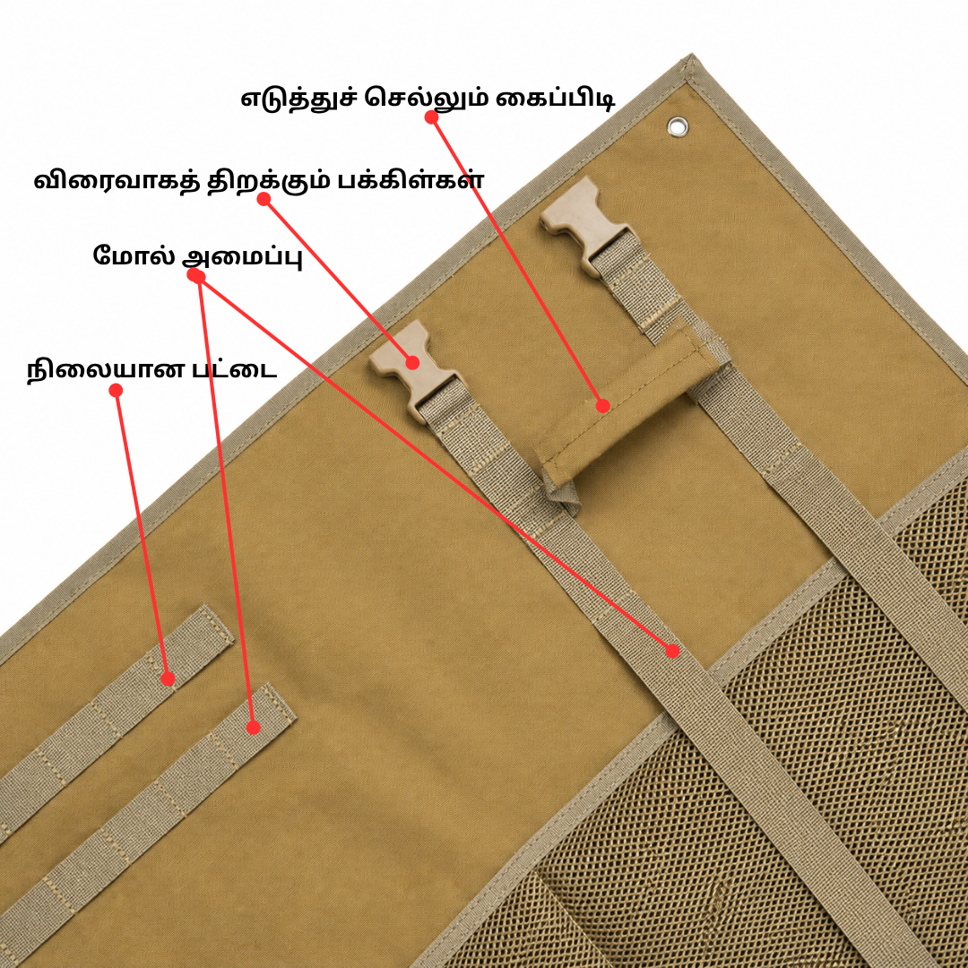 தான் ஷூட்டிங் மேட்டின் உட்புறத்தின் நெருக்கமான வரைபடம், நிலையான பட்டை, மோல் அமைப்பு, விரைவாகத் திறக்கும் பக்கிள்கள் மற்றும் எடுத்துச் செல்லும் கைப்பிடி போன்ற முக்கிய அம்சங்களை எடுத்துக்காட்டுகிறது.