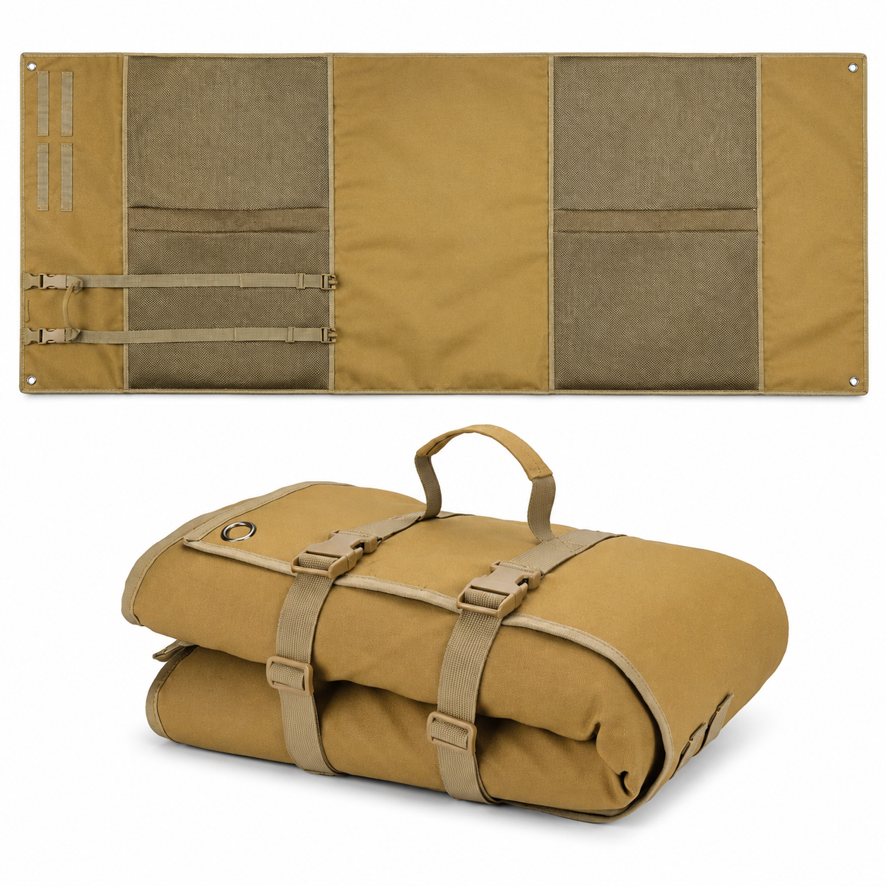 Full flat layout of tan shooting mat showing mesh pockets, adjustable straps, and grommets, with a second image below showing the mat securely rolled up into a portable bundle.