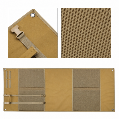 Collage showing close-up details of tan shooting mat including a reinforced metal grommet, adjustable webbing strap with plastic buckle, breathable mesh fabric texture, and full unrolled layout showing pocket organization.