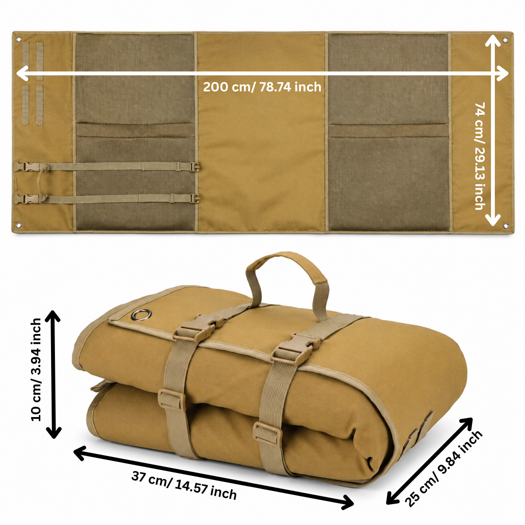 Tan shooting mat size guide showing unrolled dimensions of 200 cm by 74 cm (78.74 by 29.13 inches) and rolled bundle dimensions of 37 cm by 25 cm by 10 cm (14.57 by 9.84 by 3.94 inches).